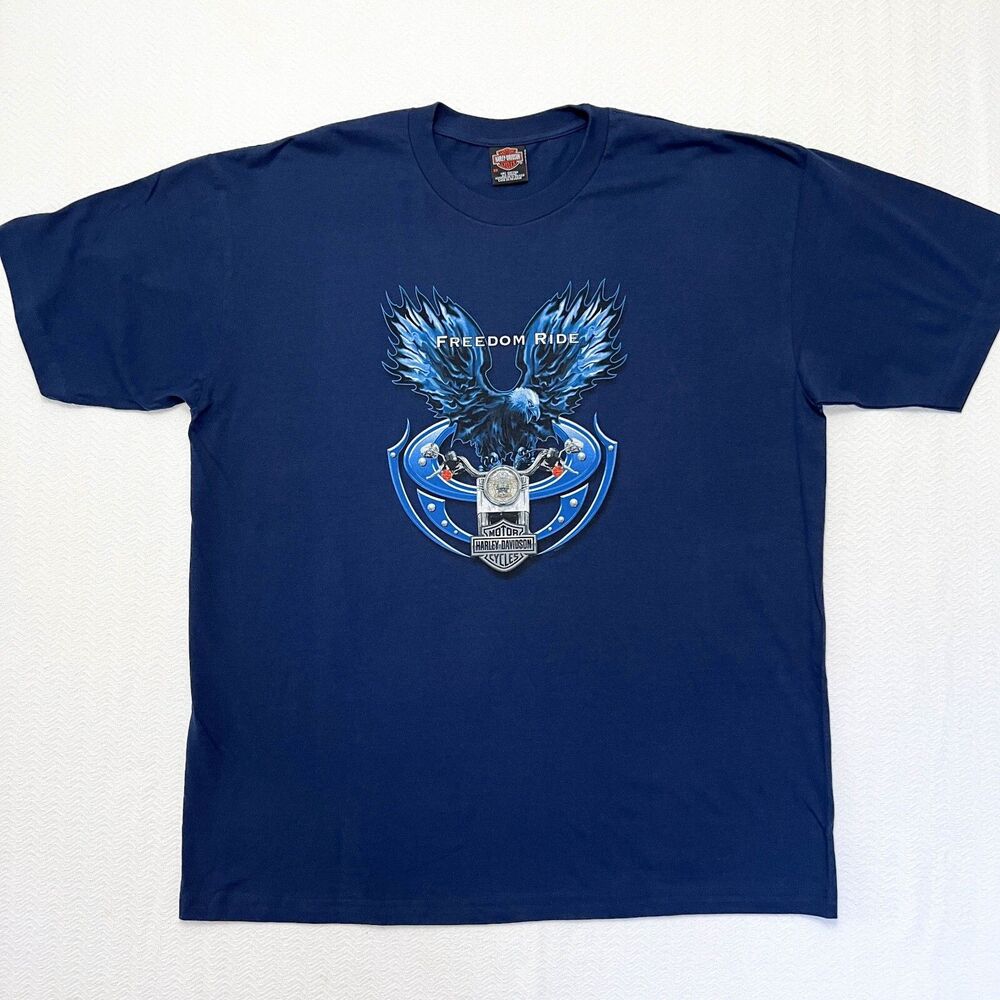 Harley Davidson T Shirt 3XL Blue Eagle Logo Freedom Ride 100% Cotton